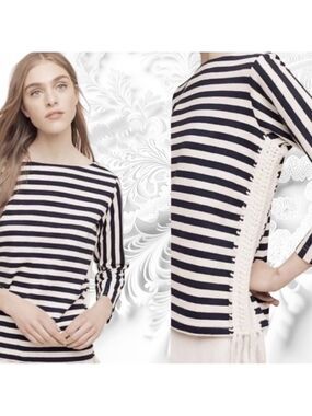 Anthropologie Pepin Blue Striped Ponte Top With Crochet Insets On Sides